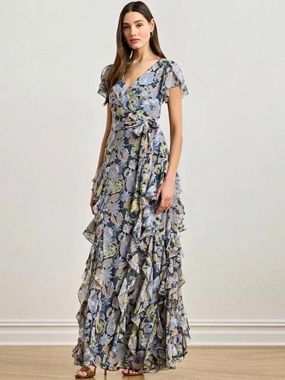Lauren Ralph Lauren Floral Ruffle-Trim Georgette Gown Blue & Green Size 6